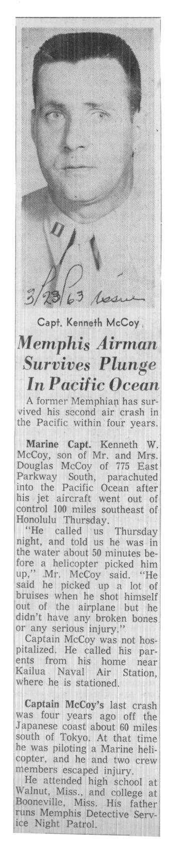 Memphis newspaper article describing how Marine aviator Capt. Ken McCoy was rescued from the ocean after ejecting from an A-4 Skyhawk