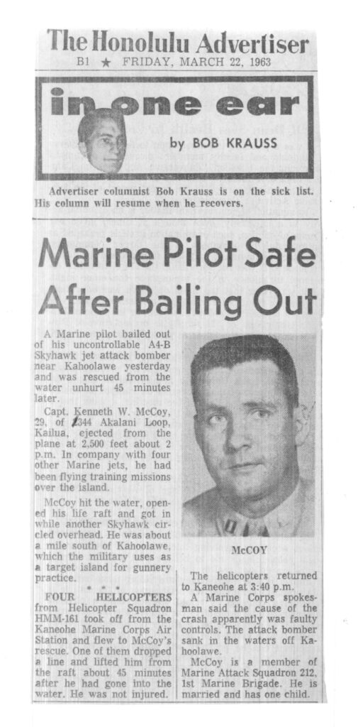 Newspaper clipping describing Marine pilot Capt Ken McCoy safely recovered after ejecting from an A-4 Skyhawk attack jet.