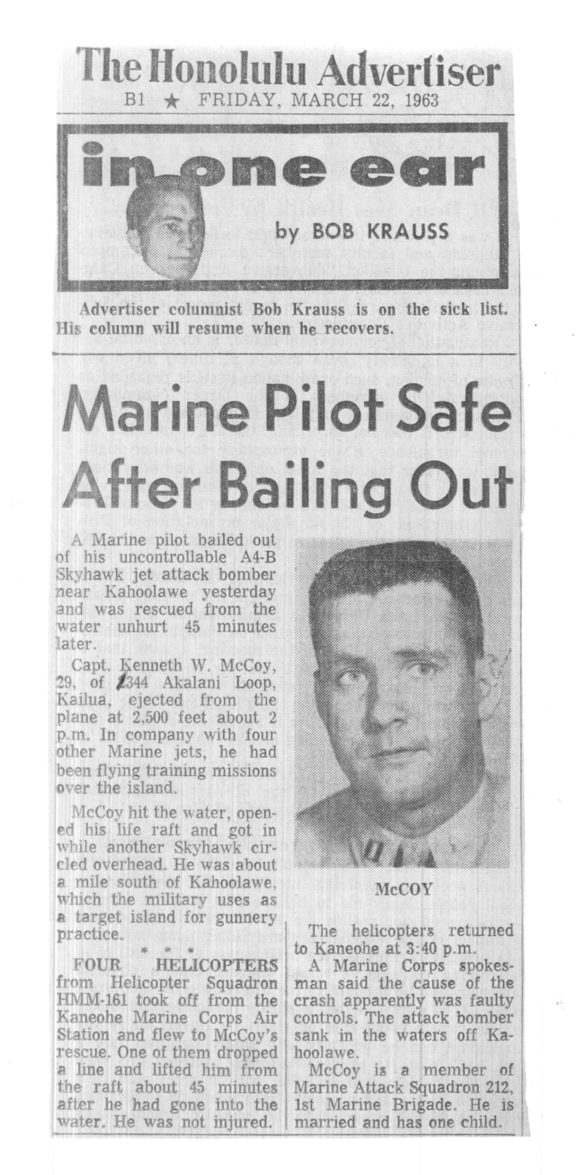 Newspaper describing Marine Capt Ken McCoy safe after ejecting