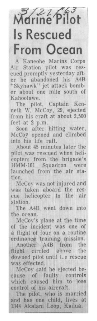 Oahu newspaper article describing how Marine aviator Capt. Ken McCoy was rescued from the ocean after ejecting from an A-4 Skyhawk