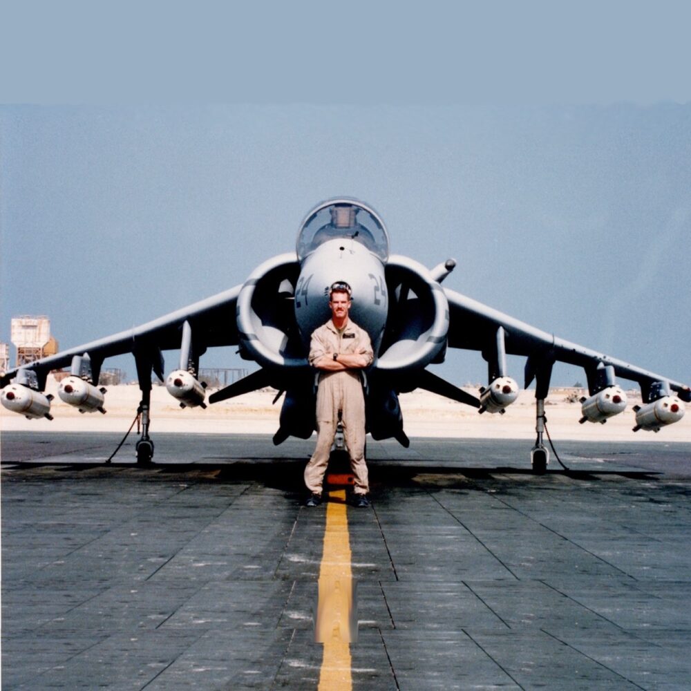 Vapor in front of a Harrier loaded with Mk-20 "Rockeyes"