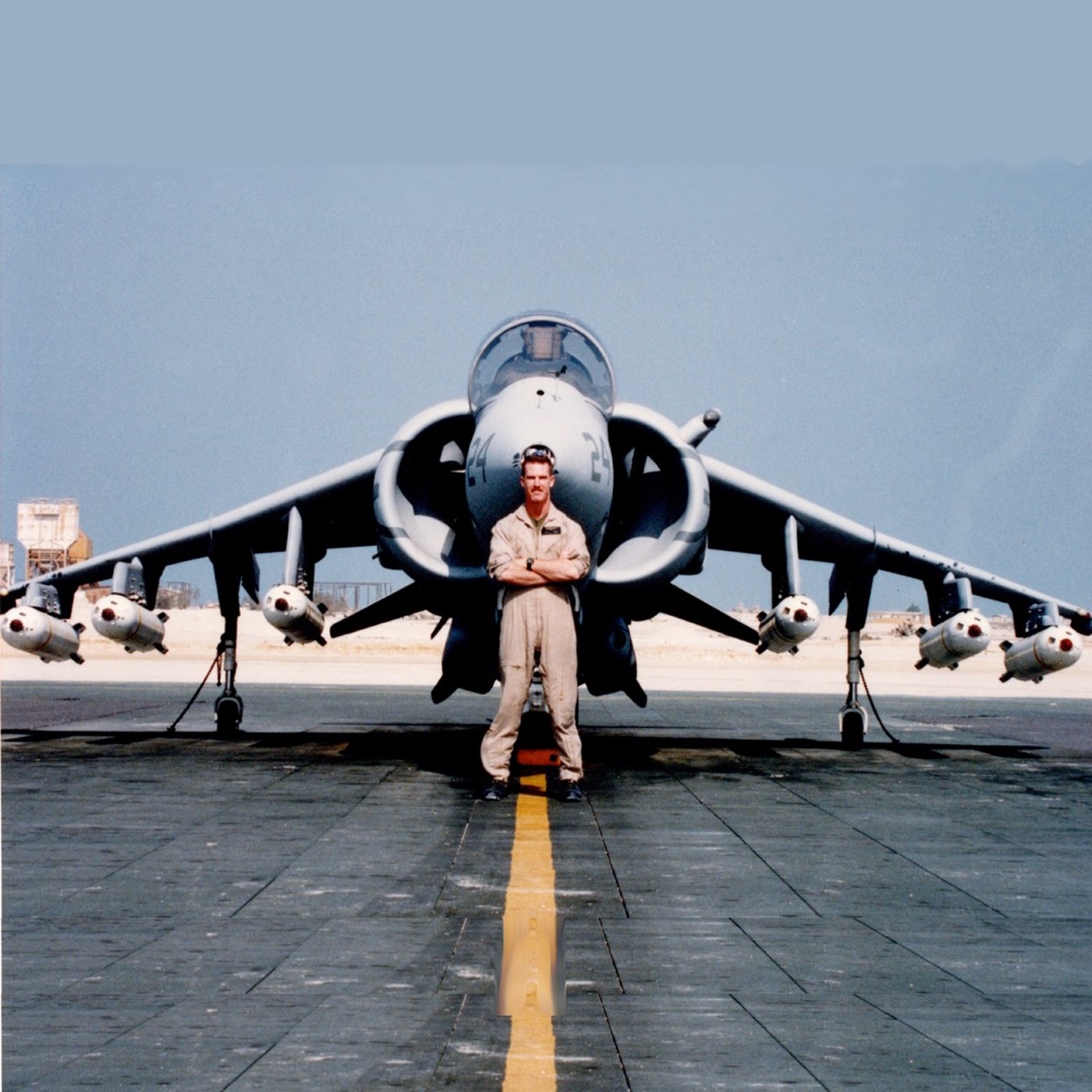 Vapor in front of a Harrier loaded with Mk-20 "Rockeyes"