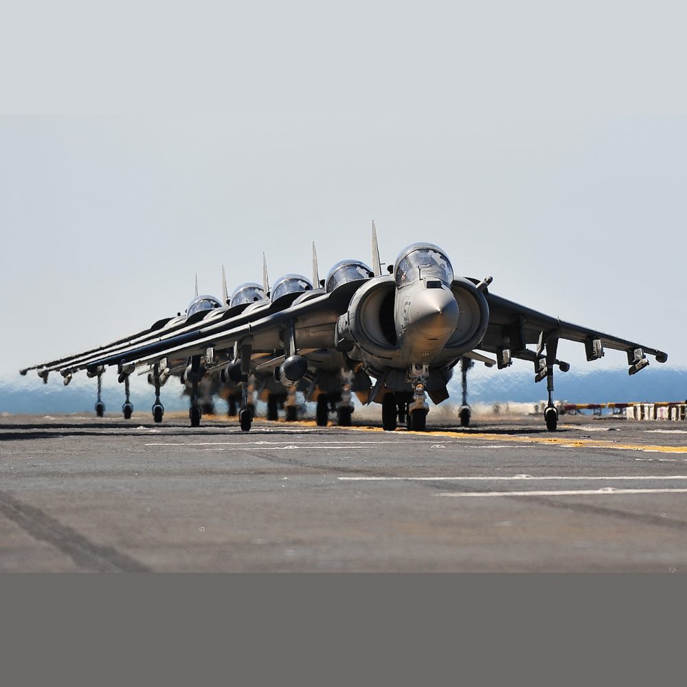 Ripple 5! Five Harriers lined up for takeoff from the carrier