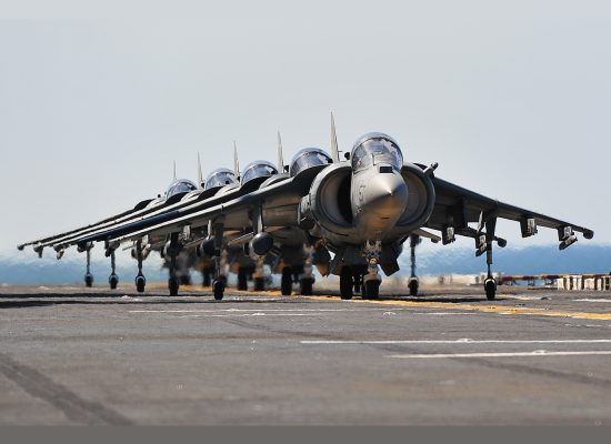 Ripple 5! Five Harriers lined up for takeoff from the carrier