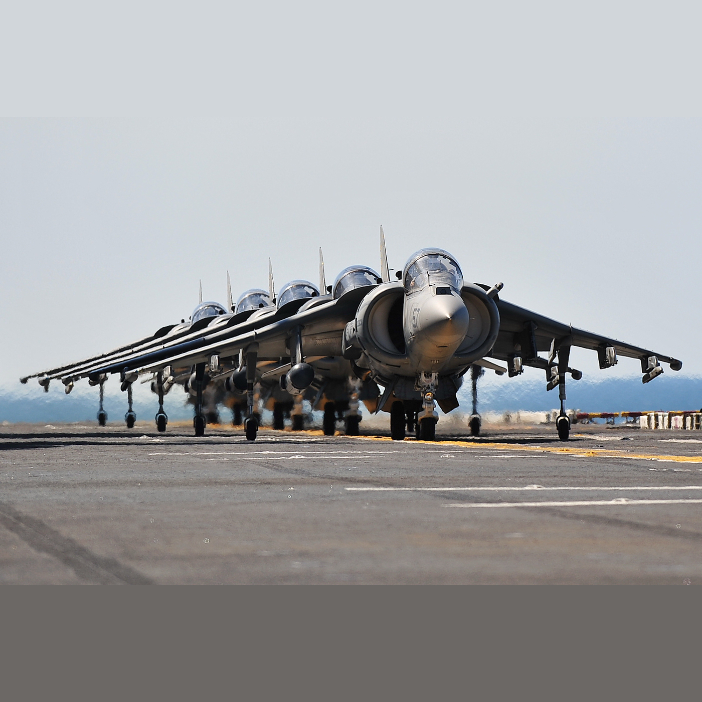 Ripple 5! Five Harriers lined up for takeoff from the carrier
