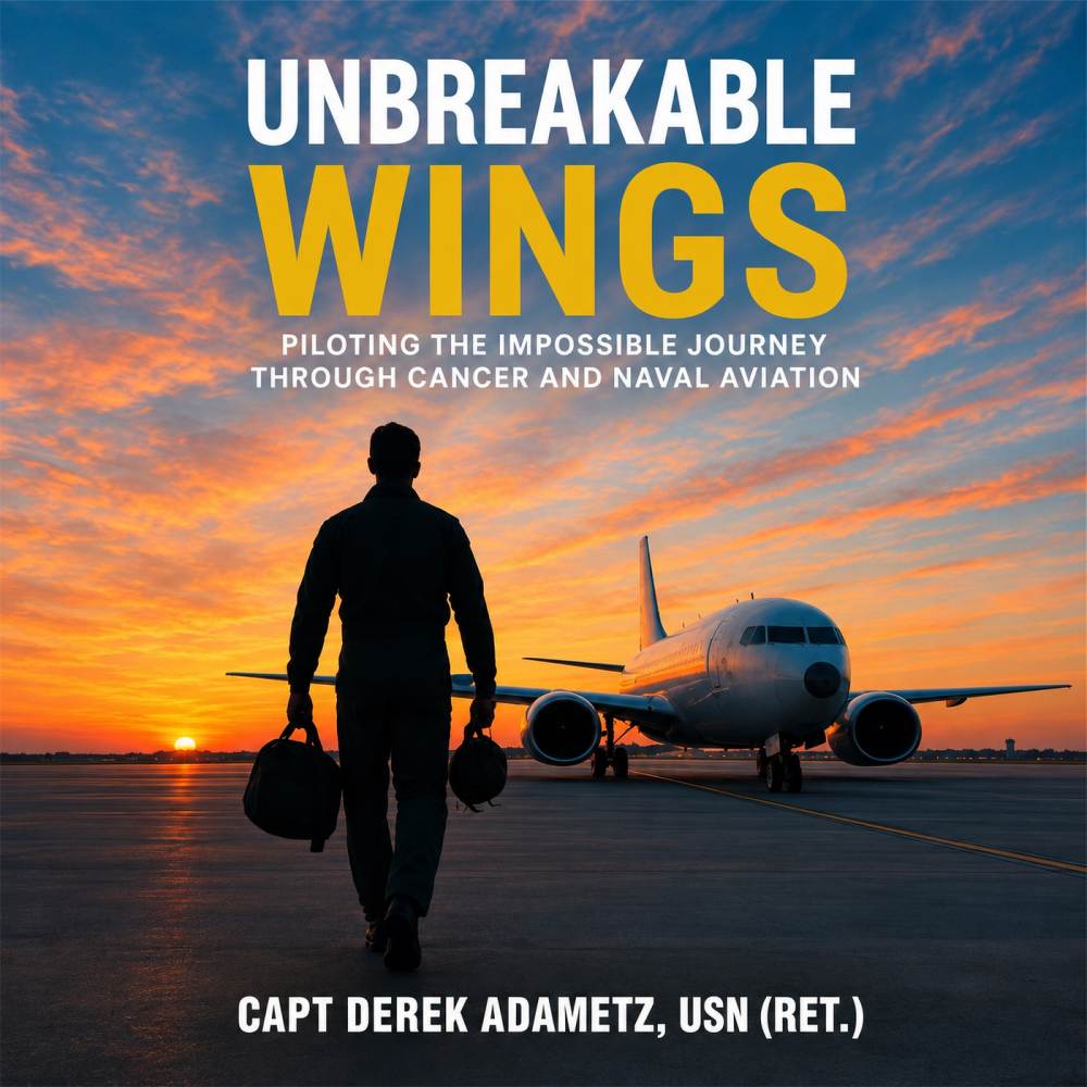 Book Cover Unbreakable Wings - an aviator walking towards a P-8 Navy jet at sunset